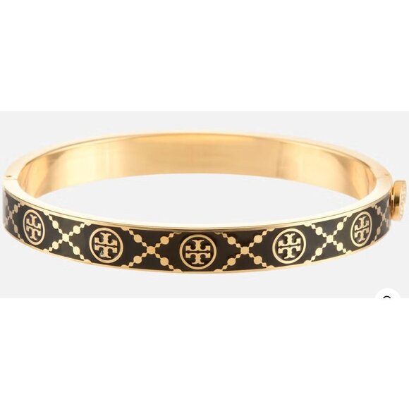 Tory Burch Black and Gold T-Monogram Huggie Earrings and Bracelet Set - Picture 3 of 6